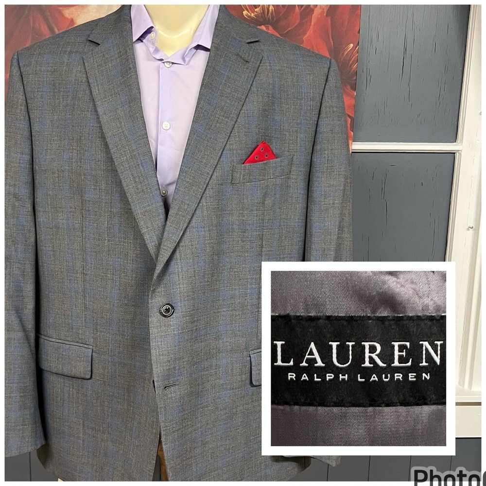 Lauren Ralph Lauren Blazer Sport Jacket Mens 50R Wool Blend‎ Stretch Gray/Blue
